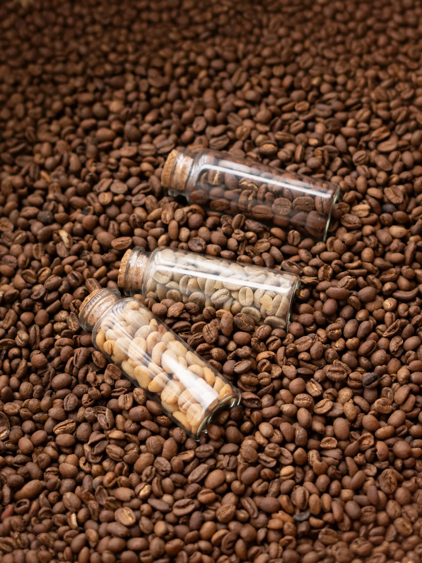 Glass sample vials showing green and roasted single-origin coffee